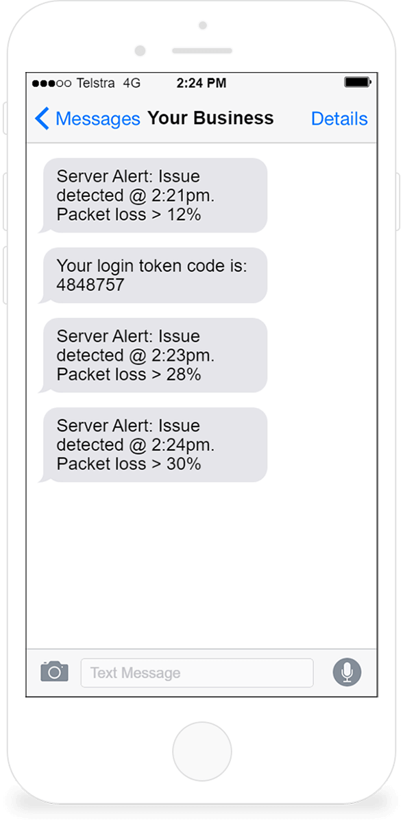Mobile phone displaying SMS sent via API